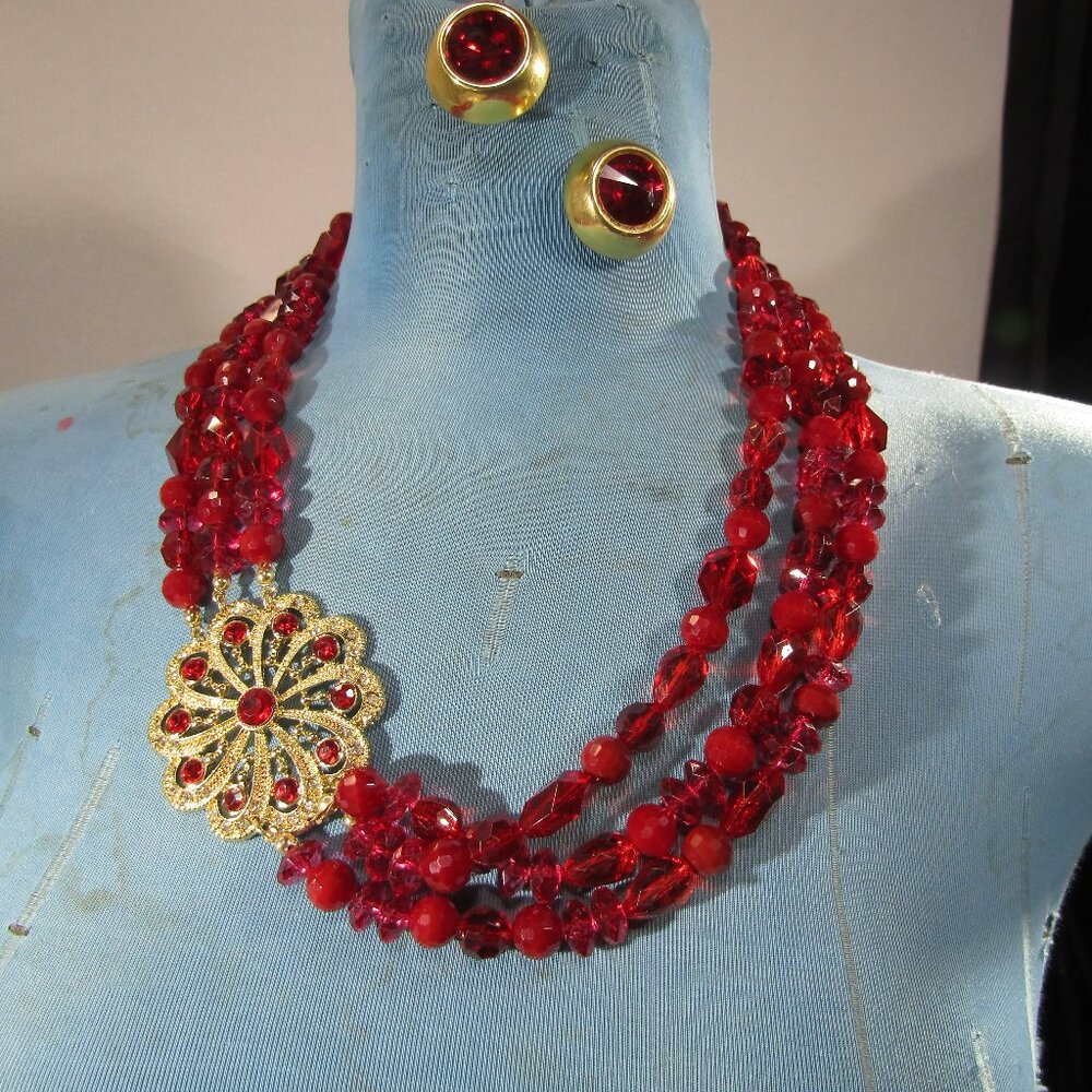 besty johnson red crystal necklace and post earrings